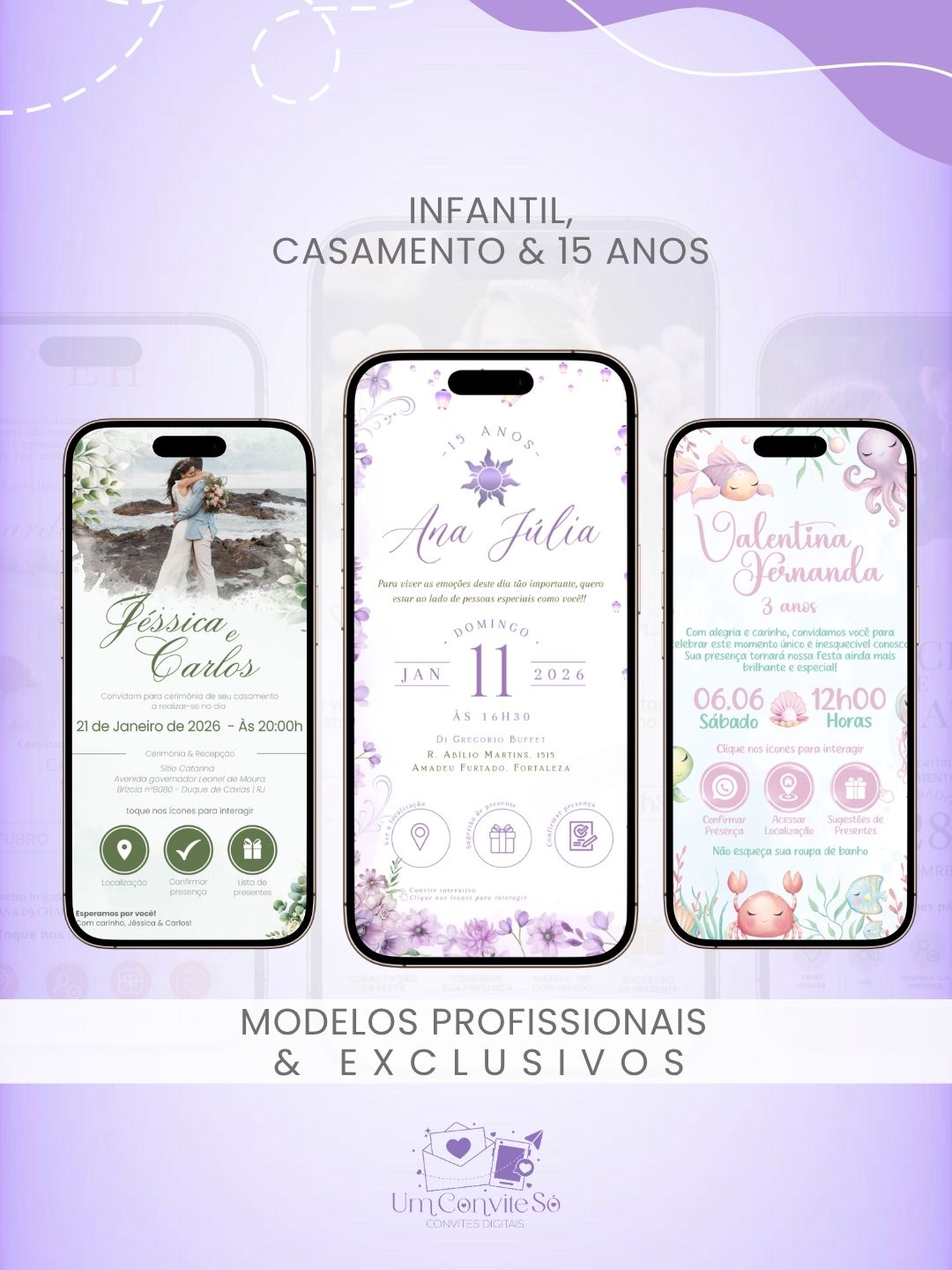 Amostra de convites digitais infantil, casamento e 15 anos