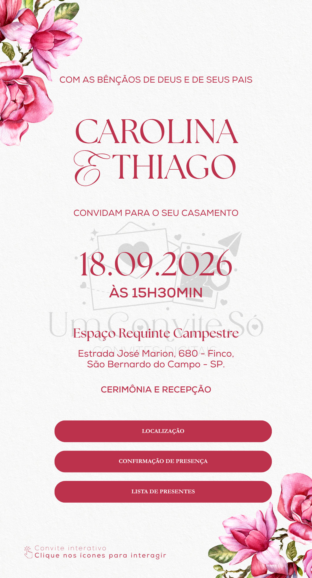 Convite interativo de casamento Magnólias Rosa